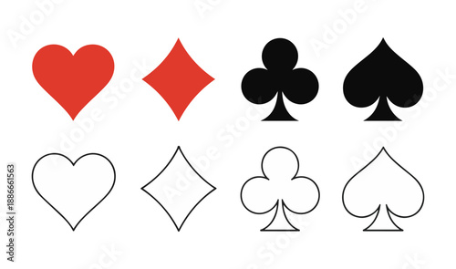 Playing card suits vector set includes hearts, diamonds, spades, and trefoils in solid and outline styles