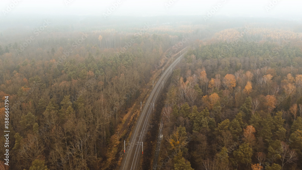 Obraz premium High viewpoint of tracks through colorful forest