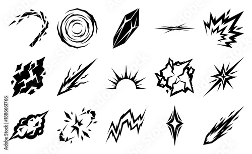 Minimalist Black Vector Combat Effects Asset Sheet for Indie Game Interface Design