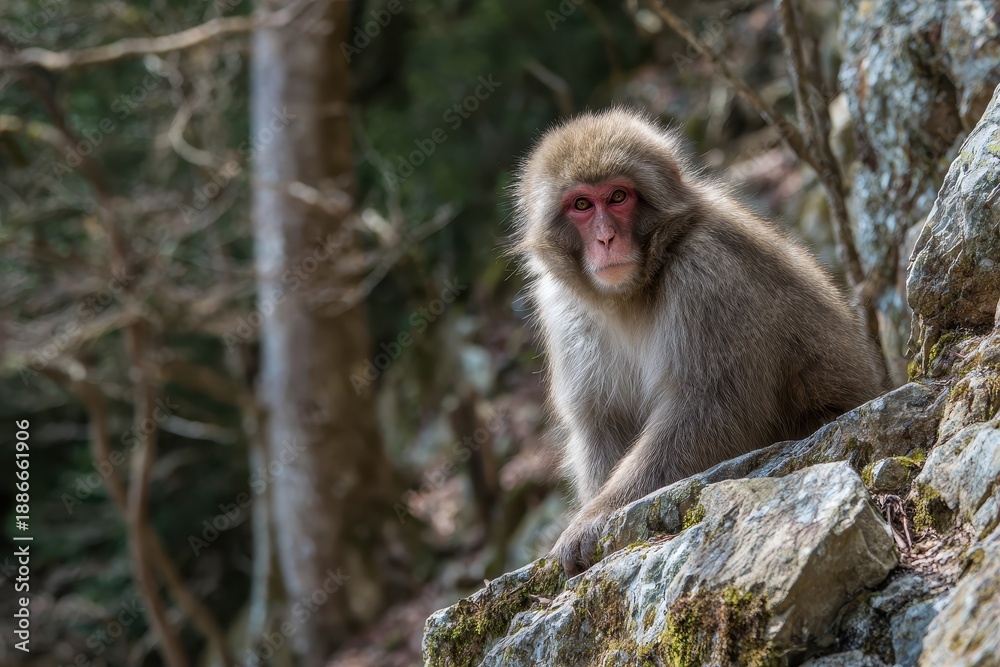 Fototapeta premium Snow monkey Macaca fuscata in a rocky Japanese forest