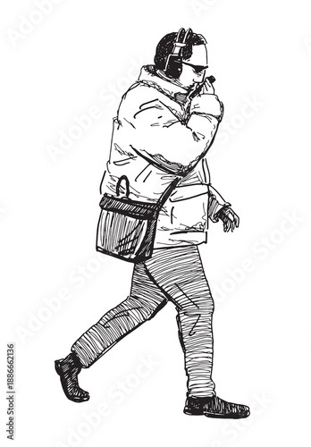 One casual modern citizen in jacket sunglasses, headphones walking outdoors, using smartphone, profile view sketch, hand drawn vector illustration