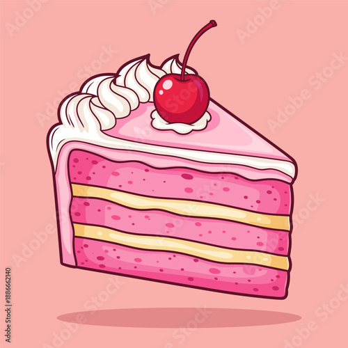 Delicious pink layer cake with cherry topping Vector