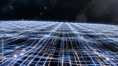 Thin glowing strings vibrate and intersect in dark cosmic space, forming a layered lattice representing the fundamental structure of matter.