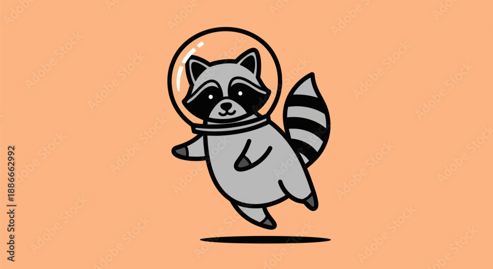 Fototapeta premium Cartoon raccoon astronaut on orange background