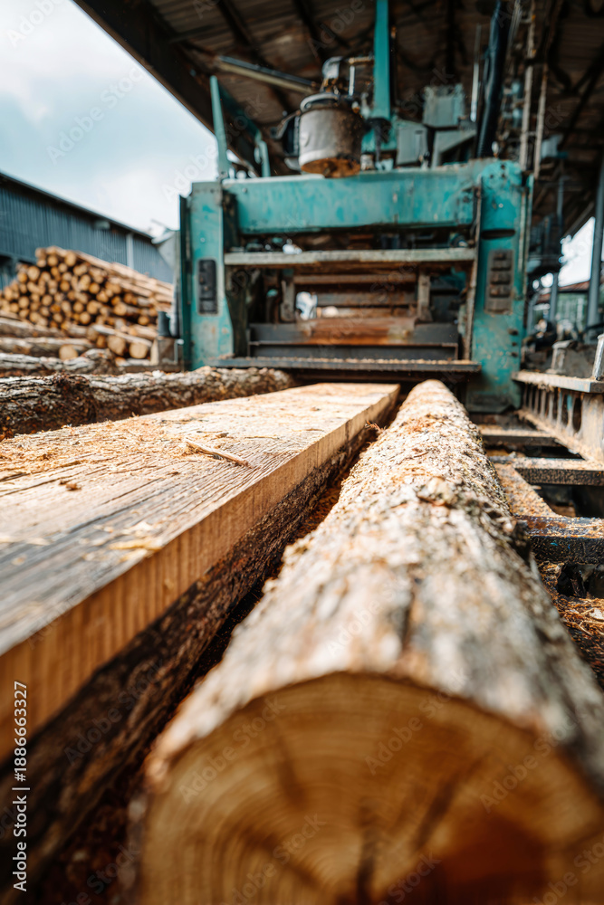 Fototapeta premium Sawmill debarking machine stands ready as unprocessed logs await their transformation into smooth, finished wood within a bustling woodworking shop atmosphere