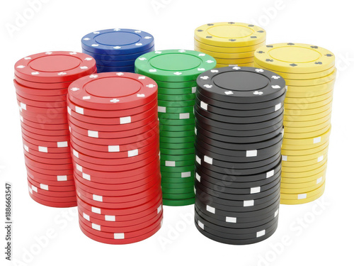 Stacks of colorful casino chips in red blue green yellow and black on transparent background