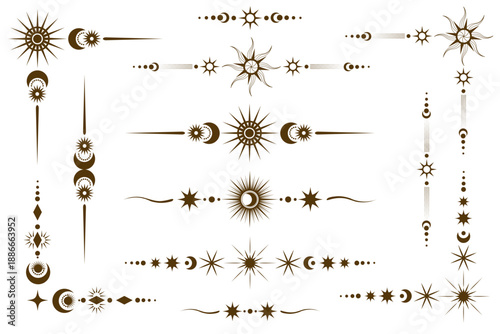 Frame and border with celestial stars. Magic vector ornament with moon and tarot elements. Simple elegant line pattern. Astrology divider and separator for design and decoration