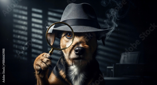 Detective dog in a fedora, holding a magnifying glass, with dramatic smoke effect.