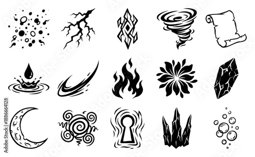 Minimalist Fantasy Magic Elements Icon Set for Tabletop RPG Gaming and Mystical Graphic Design