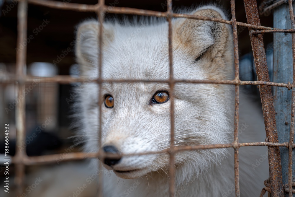 Fototapeta premium Polar fox breeding farm for high quality fur production Caged animal for fur coat creation