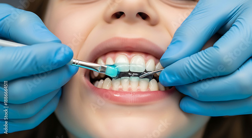 Dentist applying blue fluoride gel on girl teeth