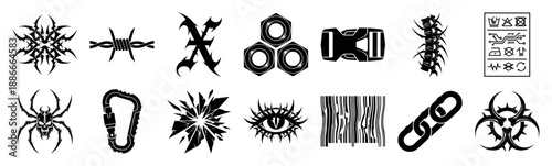 Neo-Tribal Cyberpunk Hard Surface Graphic Asset Sheet for Industrial Streetwear and Techwear Design