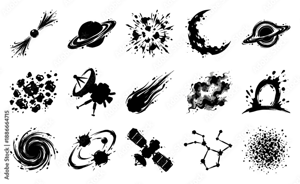 Obraz premium Ink Brush Space Exploration Graphic Element Kit for Sci-Fi Branding and Astronomy Educational Media