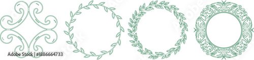 green floral border intricate circular frame, fanciful leaf and vine pattern, decorative swirling motif, elegant botanical design
