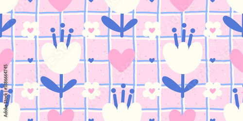 Cute flower gingham pattern combining abstract blooms, hearts, and a light boho mood. Suitable for childrens textiles, romantic stationery, and trendy interior decor.
