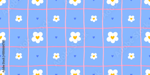 Cute daisy flower seamless background with tiny blooms, hearts, and gingham texture. Ideal for girly textiles, gift wrap, and romantic floral designs