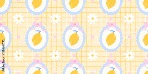 Vintage lemon pattern combining gingham checks and Mediterranean citrus details. Suitable for holiday designs, tablecloth prints, and retro Italian visuals
