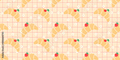 Seamless kawaii croissant pattern with cute strawberries, cherries, tiny flower and soft gingham. Designed for bakery packaging, kids textiles, and charming breakfast-themed backgrounds