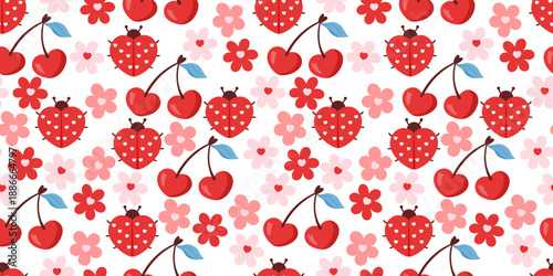 Seamless cute ladybug pattern with red beetles, flowers, cherry and tiny hearts. Designed for baby fabrics, spring pajamas, and sweet Valentine or birthday prints