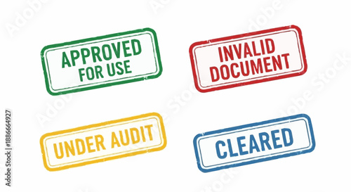 Stamp Set for Professional Administration and Document Verification Featuring Approved for Use, Invalid Document, Under Audit, and Cleared Statuses