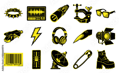 Industrial Cyberpunk Halftone Graphic Element Kit for Underground Music and Techno Event Branding