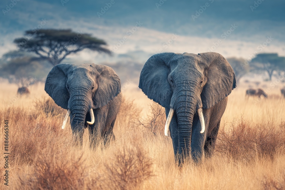 Fototapeta premium Mature African elephants feeding in the savanna with wildebeest and zebras nearby Wildlife viewing safari idea