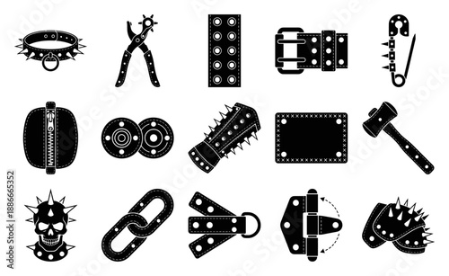 Flat Vector Punk Rock Aesthetic Graphic Set for Alternative Fashion and Heavy Metal Subculture Design