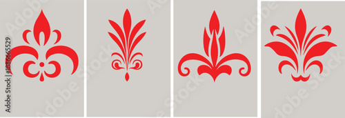 Fleur De Lis Icon Set Isolated. Fleur-de-lis emblem Vector Vintage White and Black outline icon. traditional medieval heraldry symbol.