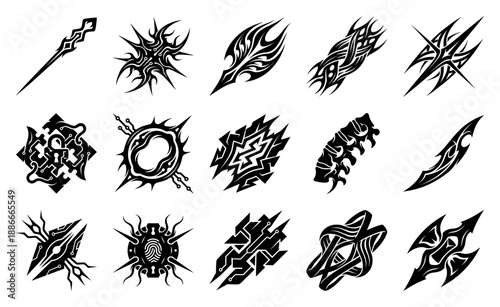 Cybernetic Tribal Element Kit and Bio-Mechanical Sigil Graphic Set for Futuristic Interface Design