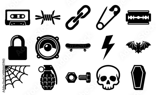 Flat Vector Punk Rock Silhouette Asset Sheet for Underground Subculture and Grunge Graphic Design