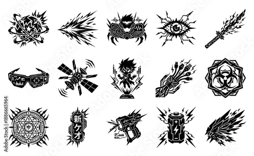 Cyberpunk Silhouette Tech Graphics Asset Sheet for Futuristic Gaming and Sci-Fi Interface Design
