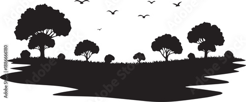 Natural landscape scenery vector illustration with forest trees birds and grass silhouette