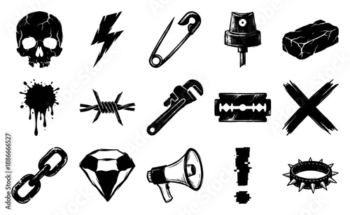 Grungy Hand-Drawn Punk Underground Element Kit for Alternative Streetwear and Edgy Graphic Design Assets