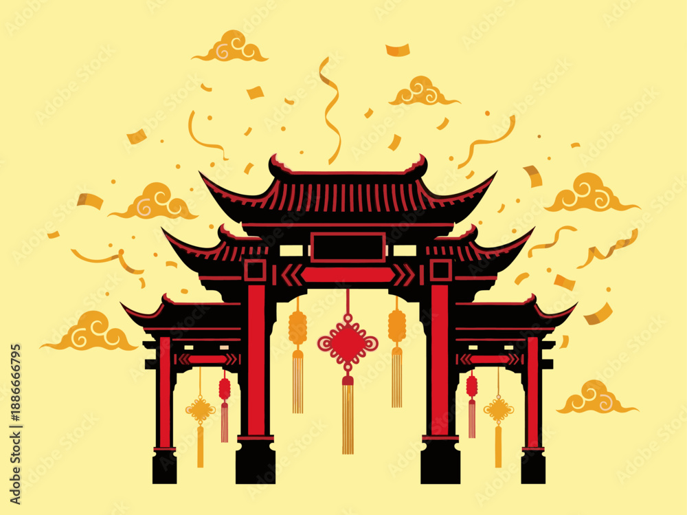 Naklejka premium Traditional Chinese Gate Lunar New Year Illustration