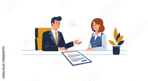 Businessman and Businesswoman Discussing Documents at Desk.