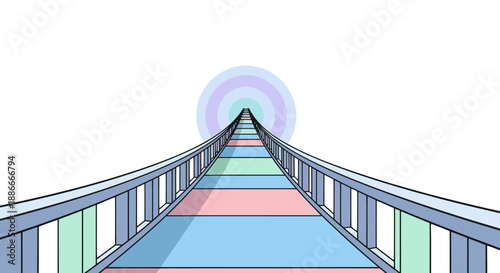 Illustrated long colorful bridge leading towards a bright circular light.