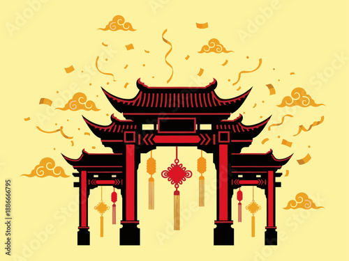 Traditional Chinese Gate Lunar New Year Illustration