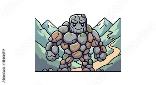 Mighty stone golem character illustration in a cartoon style.