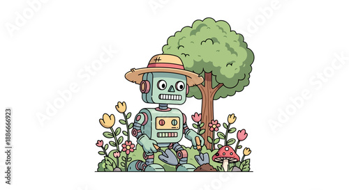Friendly cartoon robot character wearing a straw hat.