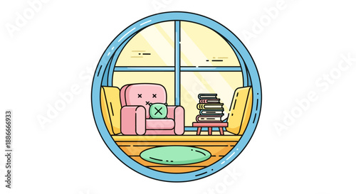 Cute cartoon armchair in a cozy circular window reading nook.