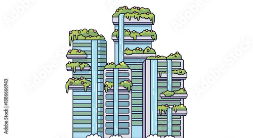 Futuristic city skyscrapers with vertical gardens and overgrown green roofs.