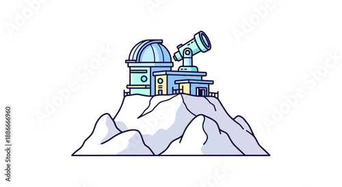 Astronomical observatory with a large telescope on a mountain peak.