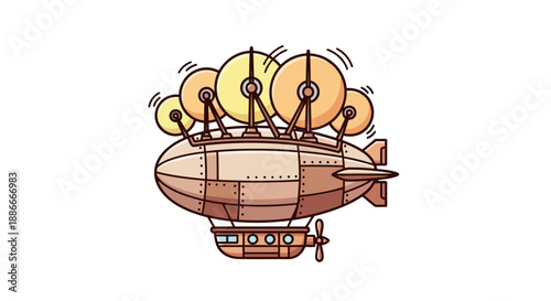 Fantastical steampunk airship with multiple rotating sails illustration.