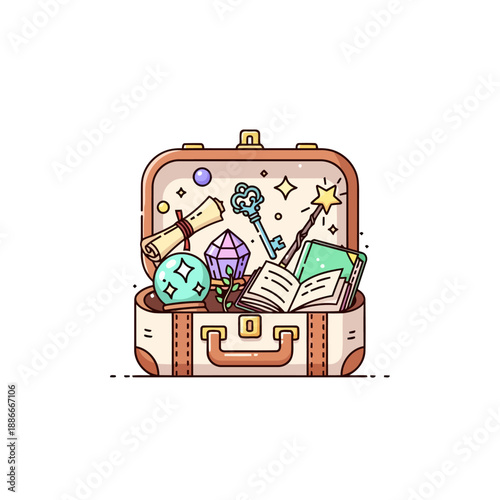 A magical suitcase full of wizarding items like a spellbook, wand, and crystal ball.
