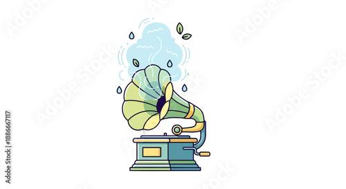 Vintage green gramophone playing music cartoon vector illustration.