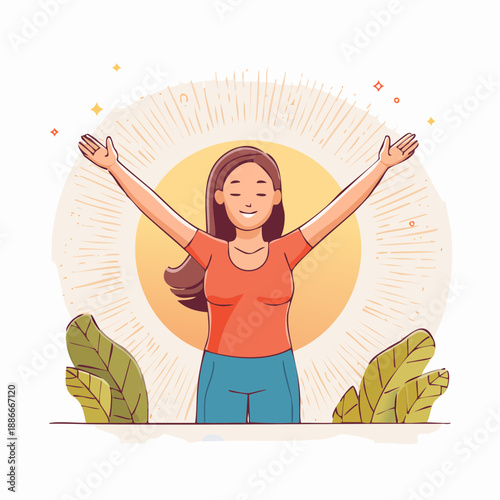 A young woman standing with arms raised in joy surrounded by leaves and a radiant sun