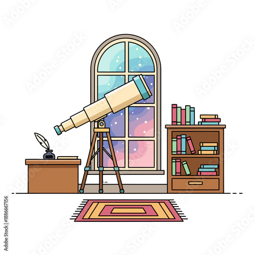 Astronomers study room with a telescope viewing the galaxy.