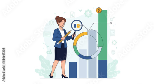 Businesswoman Analyzing Data with Magnifying Glass.
