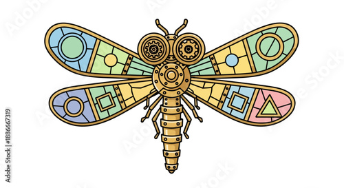 Steampunk mechanical dragonfly with colorful geometric stained glass wings.