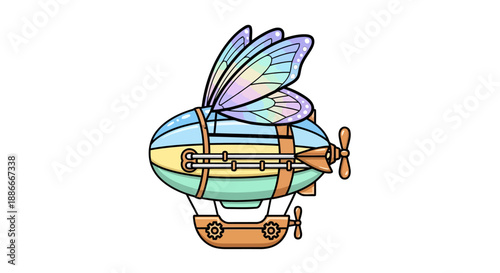 Whimsical Fantasy Airship with Colorful Iridescent Butterfly Wings.